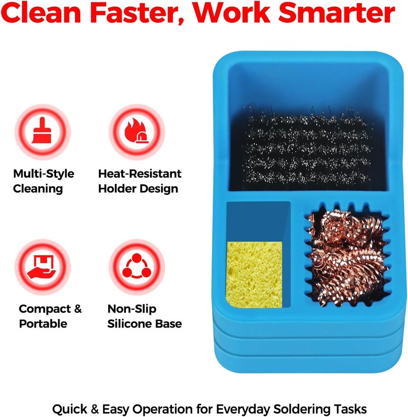 EOOKU Soldering Iron Tip Cleaner Kit with Brass Wool, Sponge,Steel Brush in Blue Silicone Holder – Heat and Scratch Resistant Cleaning Tool for Soldering, Electronics Repair,DIY Projectst - Image 2